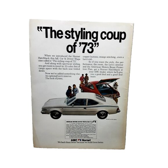 Vintage 1973 AMC Hornet Print Ad – Hatchback with Levi’s Denim Interior Promo - Picture 1 of 1